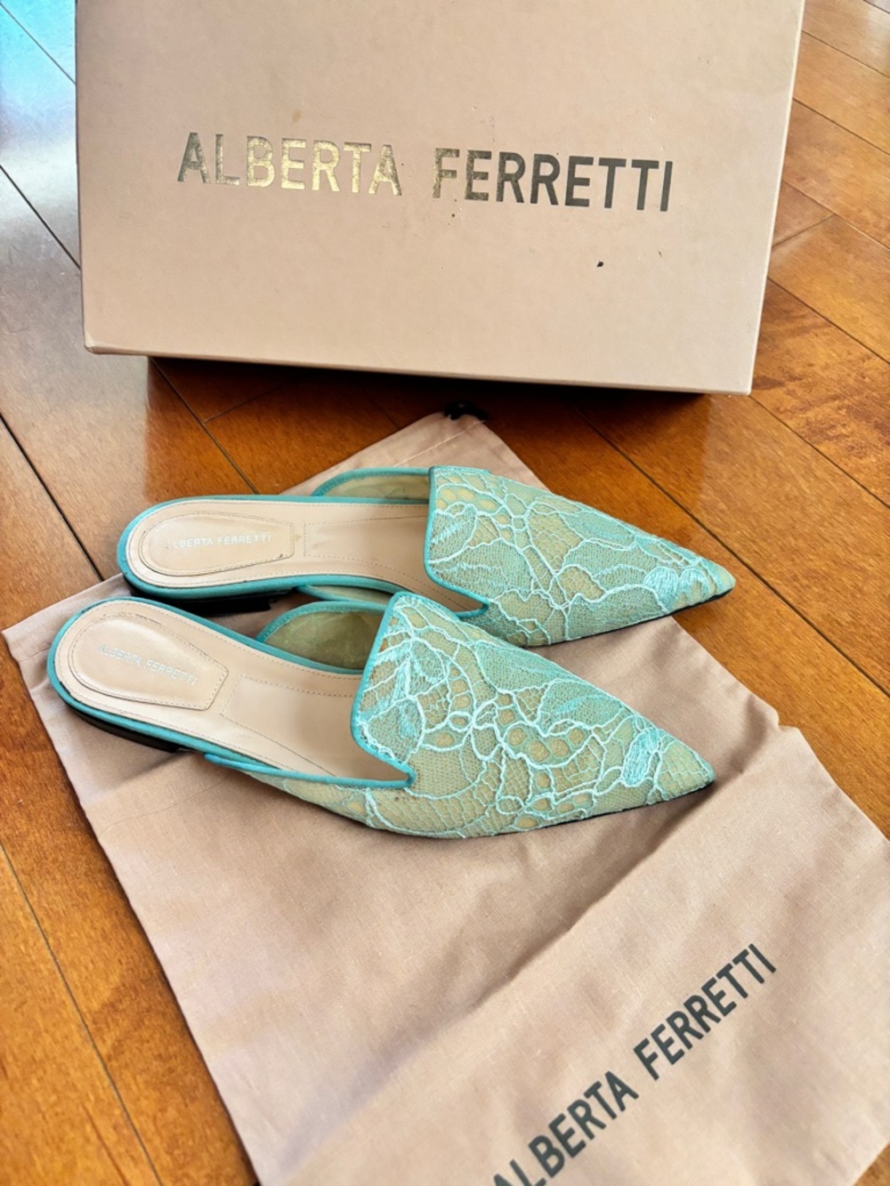 Alberta Ferretti Mint Green Lace Pointed Slip-On Mules